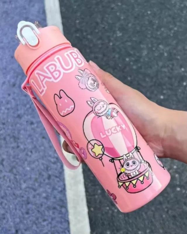 Labubu Water Bottle Cute Leak Proof Straw Cup with Carrying Strap Kids School & Sports